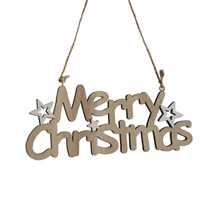 Hanging wooden Merry Christmas sign ornament with white star detail on twine string