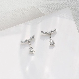 Elegant silver star tassel earrings with sparkling crystals and a minimalist lace backdrop