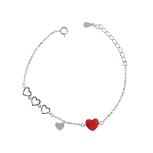 S925 sterling silver heart bracelet with white zircon pavé and red enamel charms