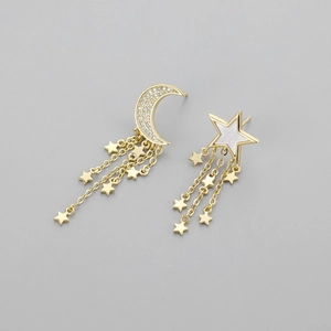 Asymmetric Star Moon Tassel Dangle Earrings With Silver Earring Post Copper Gold Plated Elegant Jewelry Gift For Women