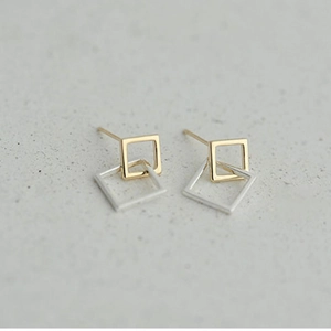Geometric Interlocking Hollow Square Stud Earrings Two Tone Plated Brass With 925 Sterling Silver Earring Post For Women