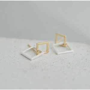 Minimalist 925 sterling silver geometric interlocking square earrings in gold and silver