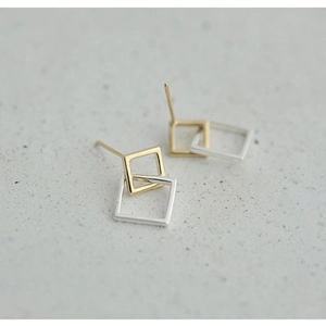 Minimalist 925 sterling silver interlocking square stud earrings in gold and silver