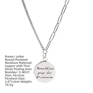 Detail view of Thai silver alphabet disc pendant and durable mixed chain structure