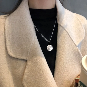 Retro s925 silver round pendant necklace with engraved lettering on minimalist fine chain