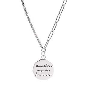 Minimalist S925 silver asymmetric chain necklace with an engraved octagonal pendant