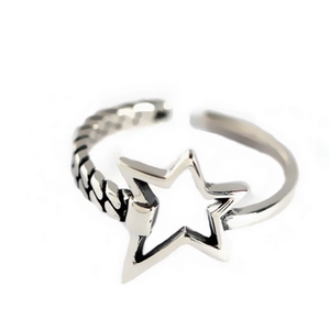 Detailed shot of S925 silver star ring featuring braided texture and adjustable open band