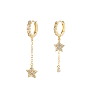 Asymmetric S925 silver star earrings with 18K gold plating and sparkling zircon stones