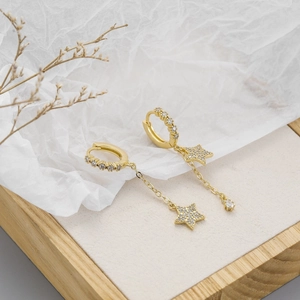 Elegant 18K gold S925 silver hoop earrings with diamond star tassels in a stylish view