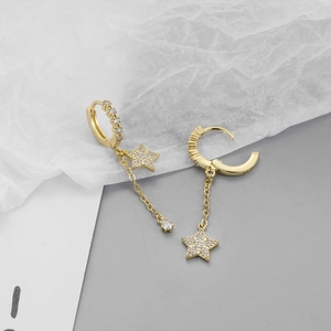 Detail of S925 sterling silver stamp on gold star dangle earrings with zircon stones
