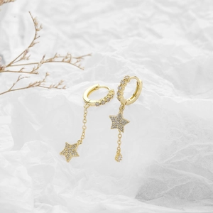Elegant gold S925 sterling silver star drop earrings with sparkling zircon stones