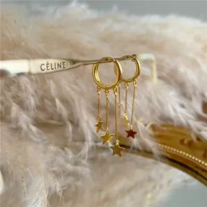 Elegant gold S925 silver hoop earrings with dangling tassels and star-shaped charms