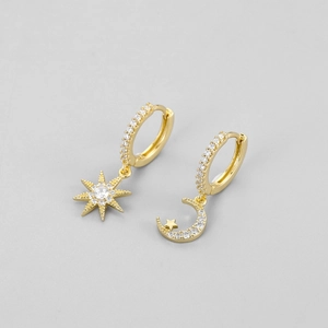 Simple Copper Zirconia Asymmetric Star Moon Hoop Earrings With 925 Sterling Silver Earring Post For Women Versatile Jewelry Gift