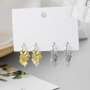 Minimalist 925 star hoop earrings in gold and silver finish hanging on display card