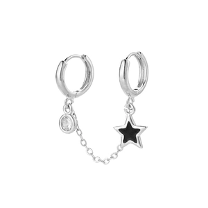 Silver double piercing chain earrings with black star pendant and zircon crystal charm