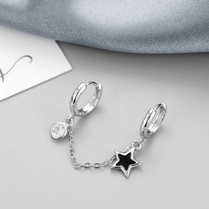 Star Pendant Double Piercing Hoop Earrings With Chain Link Copper Silver Plated Round Cubic Zirconia Minimalist Gothic Style For Women