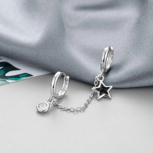 Silver chain earrings with black star pendant and zircon stones in a double hoop design