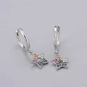 Macro shot of S925 sterling silver earring featuring multi-color cubic zirconia star