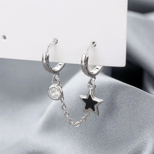Silver chain earrings with black star pendant and zircon stud in punk style