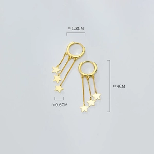 S925 silver gold-plated star tassel hoop earrings with three dangling chains and charms