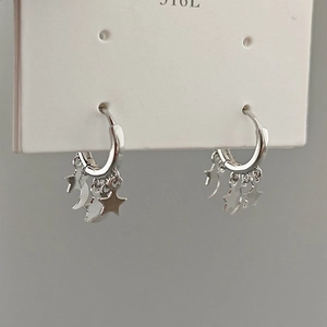 Detail of 316L stainless steel star and moon dangle earrings on a white card