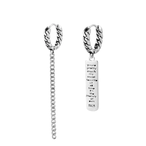 Asymmetric S925 silver earrings with long Cuban chain and vintage engraved square tag