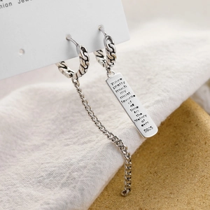 Asymmetric S925 sterling silver chain and square pendant hoop earrings with vintage finish