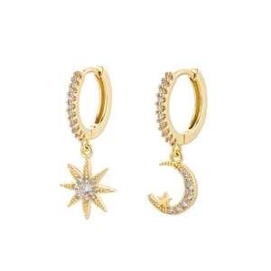 Asymmetric gold star and moon drop earrings with sparkling pavé zircons for women