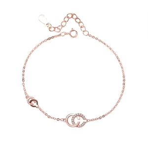 Elegant 925 sterling silver interlocking double circle bracelet in 18k rose gold finish