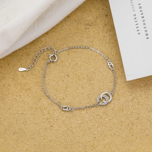 S925 sterling silver double-ring bracelet with pave-set zircons and adjustable chain