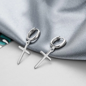 Minimalist Cross Pendant Hoop Earrings 925 Sterling Silver Dangle Jewelry For Men Women Polished Finish
