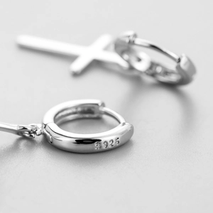 Minimalist S925 sterling silver cross drop earrings with hallmark engraving on band