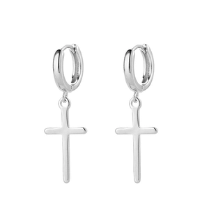 S925 sterling silver cross hoop earrings with a minimalist polished finish for unisex wear
