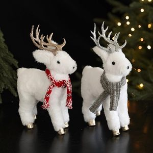 Pair of white plush Christmas reindeer ornaments with glitter antlers for home decor