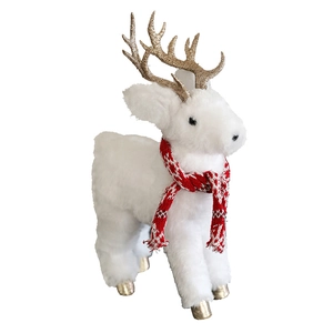 White plush Christmas reindeer decoration with gold antlers and red scarf on white background