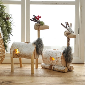Handgefertigter Holz Rentier Weihnachtsschmuck Mit Warmen LED Licht Rustikale Birkenrinde Hirsch Figur Tischdeko Weihnachten