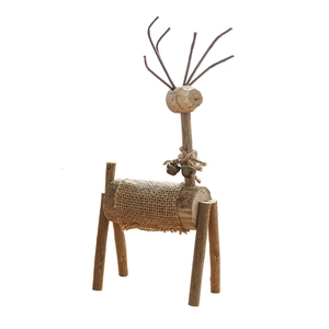 Handgefertigte Weihnachts-Rentier-Deko aus Naturholz mit rustikalem Jute-Akzent und Glocke