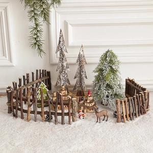 Handcrafted Christmas wooden fence set with rustic trees, reindeer, and snowman decor