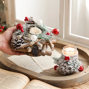Christmas pine cone wooden candle holder with red berries and faux snow decor