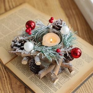 Christmas pine cone candle holder with wood base and glass cup for festive table decor