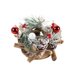 Christmas candle holder with pine cones, berries, and glass cup for tabletop decor