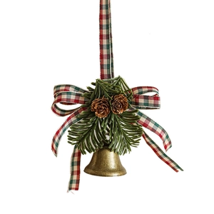Bronze metal bell ornament with pine needles cones and red plaid bow for Christmas decor