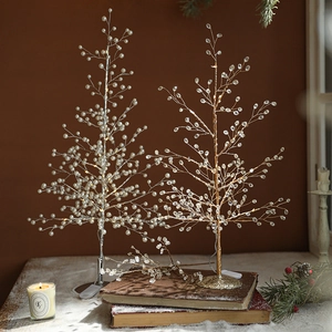 LED Desktop Christmas Tree With Acrylic Crystal Beads Faux Artificial Pearl Warm Light Metal Wire Tree For Christmas Holiday Decor