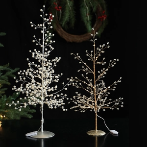 LED lighted desktop Christmas trees with pearl and crystal beads on a stable base
