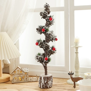 40cm mini snowy Christmas tree with pine cones, red berries and natural wood base