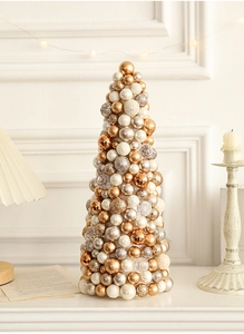 Detailed close-up of 35cm champagne gold Christmas cone tree with matte and glitter ball ornaments