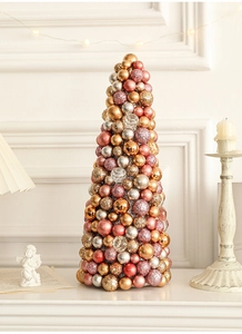 Pink and gold Christmas ball tree centerpiece with matte and glitter finishes