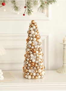 Detail of 35cm Christmas cone tree with golden, white, and champagne ornaments and pearls
