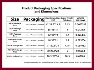 Detailed size chart for artificial Christmas trees showing heights from 45cm to 210cm