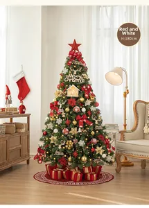 Detail of 180cm red and white Christmas tree with LED lights and festive ornaments